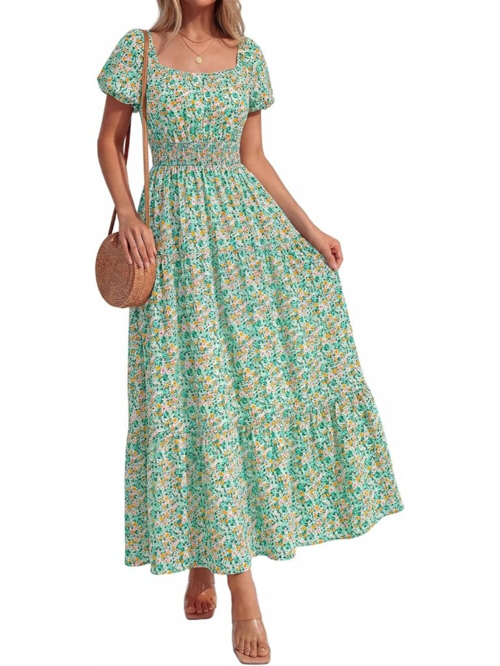 Women's Floral Green Summer 2026 Spring Floral Short Sleeve A-Line Maxi Dresses